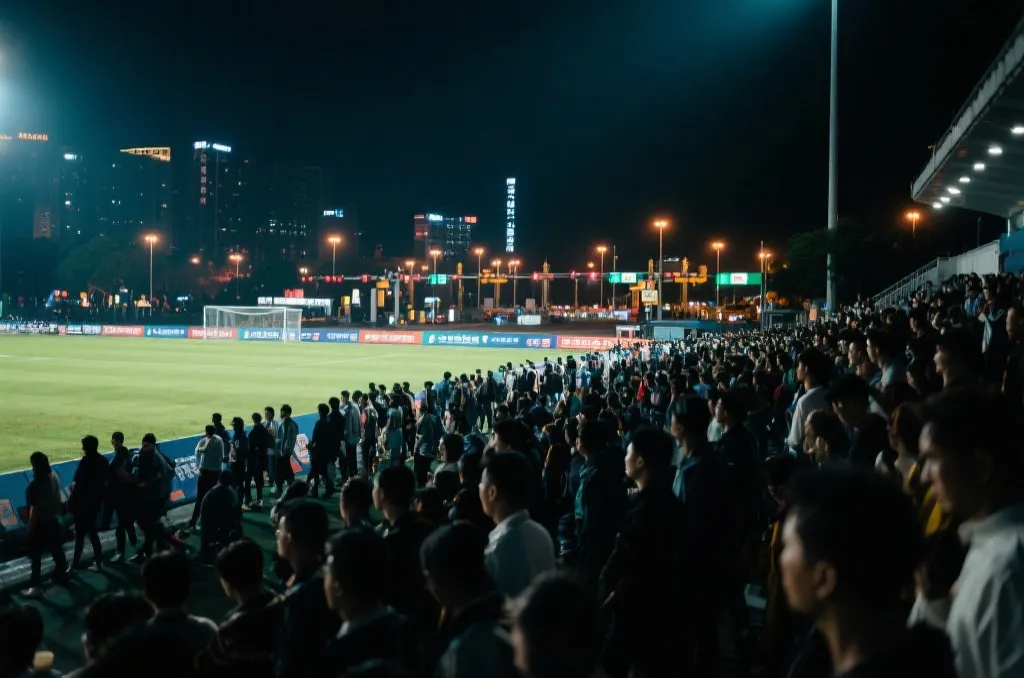 夜色中的现代球场外景，球迷沿着交通站点有序离场的氛围